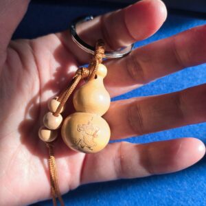 A pair of Organic Gourd Keychains with Guan Gong & Lucky Fu Lu Charm | Handcrafted Sandalwood Peace Plaque, Car Accessory Spiritual Gift (6-7cm)