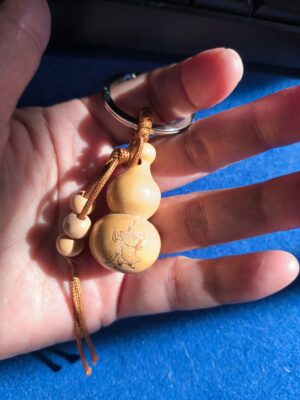 A pair of Organic Gourd Keychains with Guan Gong & Lucky Fu Lu Charm | Handcrafted Sandalwood Peace Plaque, Car Accessory Spiritual Gift (6-7cm)